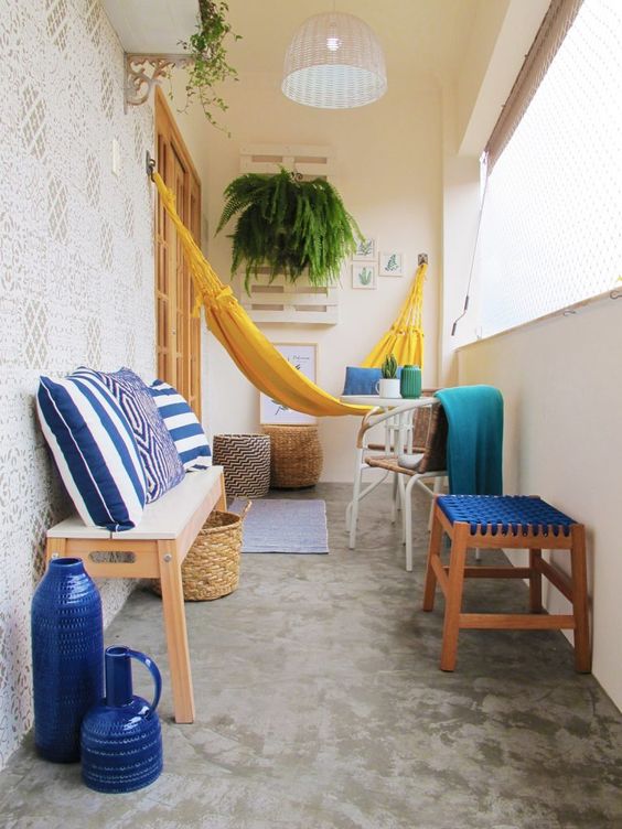 A Colorful Balcony with Bold Blue and Yellow Accents