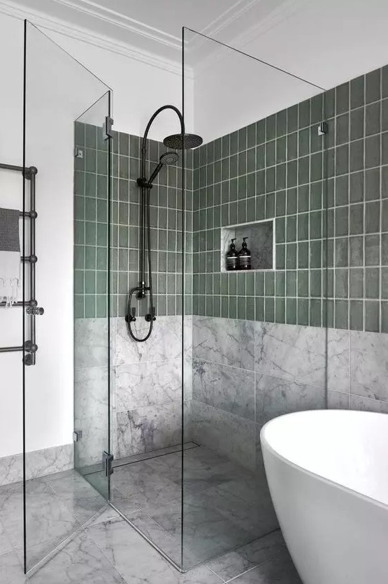 Modern Bathroom with White Marble and Green Tiles