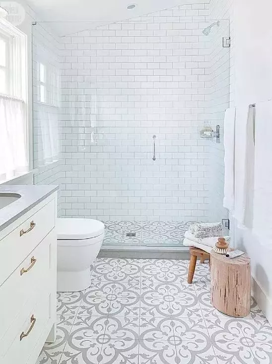 Small Serene Bathroom with Patterned Floor Tiles and Subway Walls