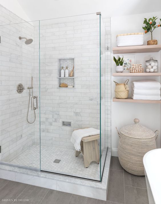 Neutral Farmhouse Bathroom with Floating Shelves and Rustic Elements