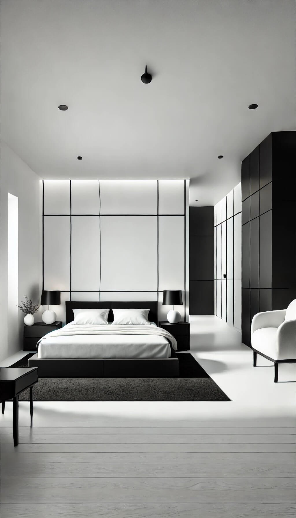 Minimal Black and White Bedroom with Simple Headboard