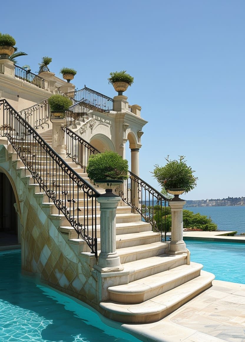 Mediterranean Pool with Expansive Luxury Setup