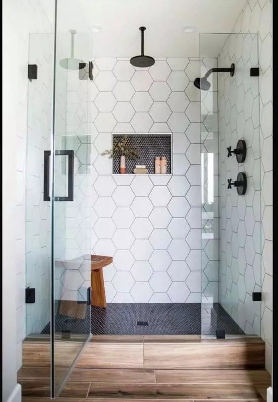 Chic Shower Area with Black Penny and Hexagonal Tiles