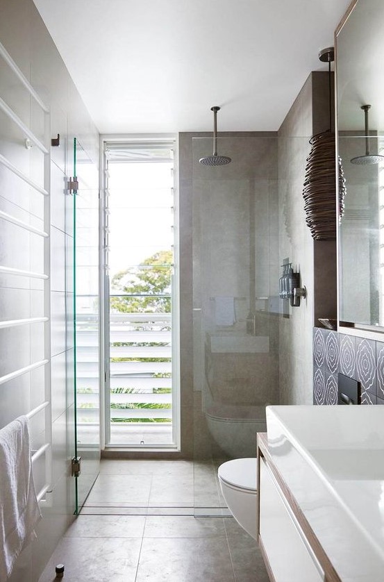 Contemporary Bathroom with Frosted Glass and Tan Tiles