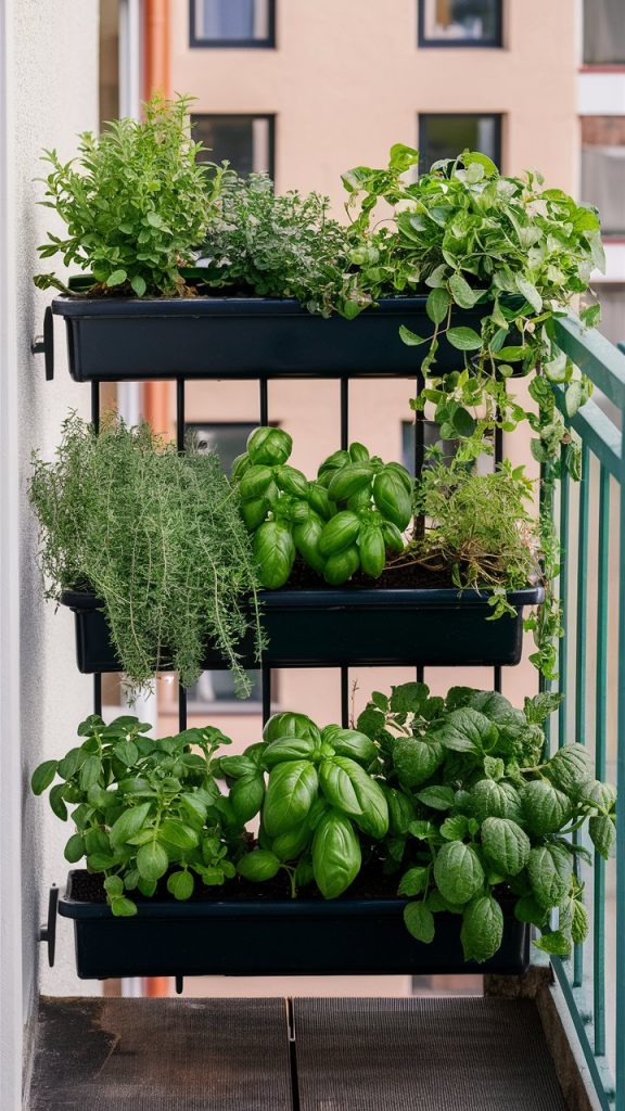 Rustic Balcony with Vertical Herb Garden and Wooden Railings