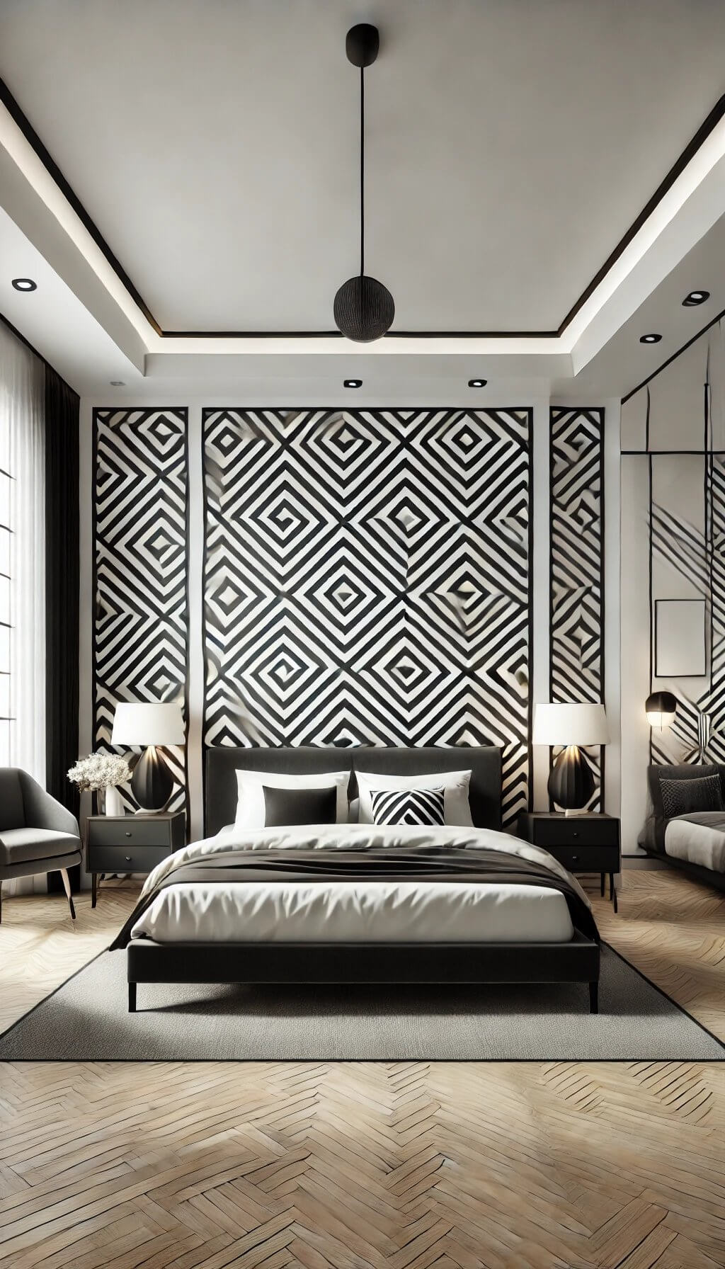 Geometric Headboard in Contemporary Black and White Bedroom