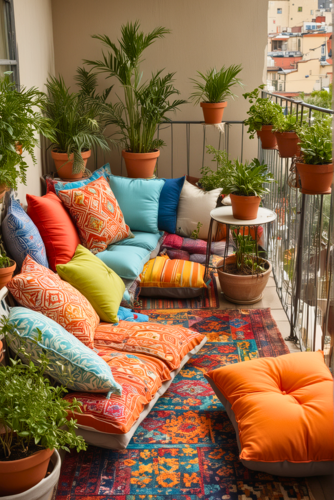 Balcony with Colorful Decor and Crisp Metal Railings