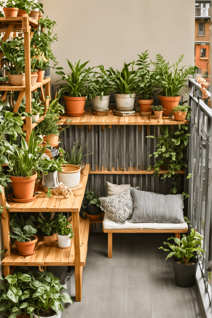 Balcony with Black Railings, Pastel Furniture, and Leafy Plants