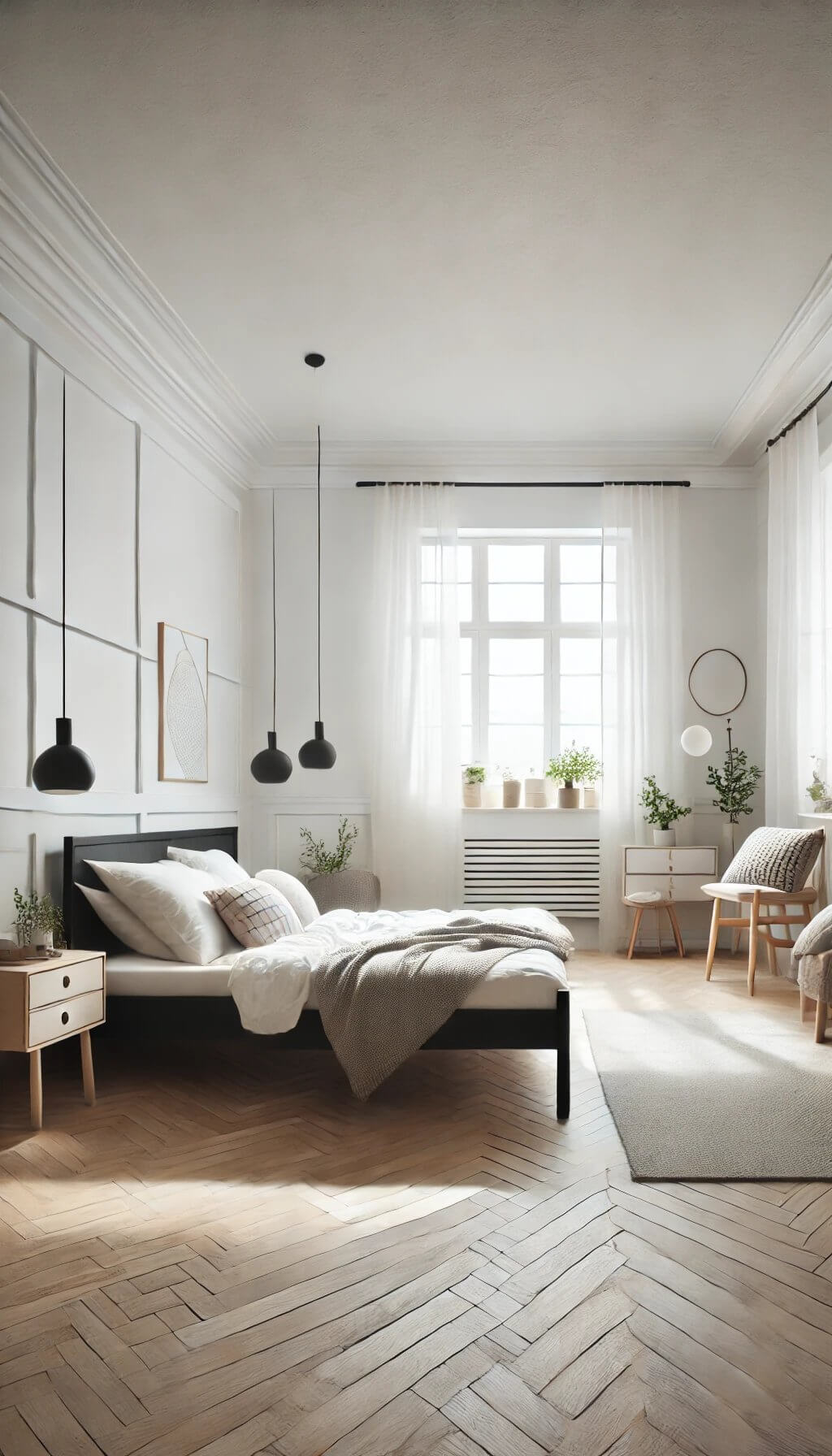 Black and White Vertical Panel Headboard in Monochrome Bedroom