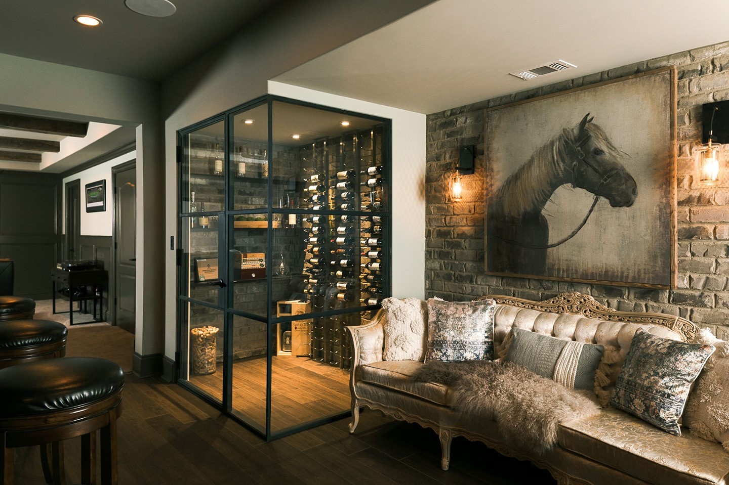 Cozy Basement Lounge with Rustic Neutral Tones