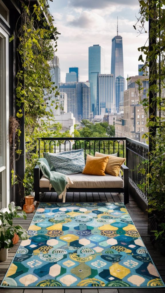 Balcony with Patterned Outdoor Rug, Wooden Furniture, and Plants