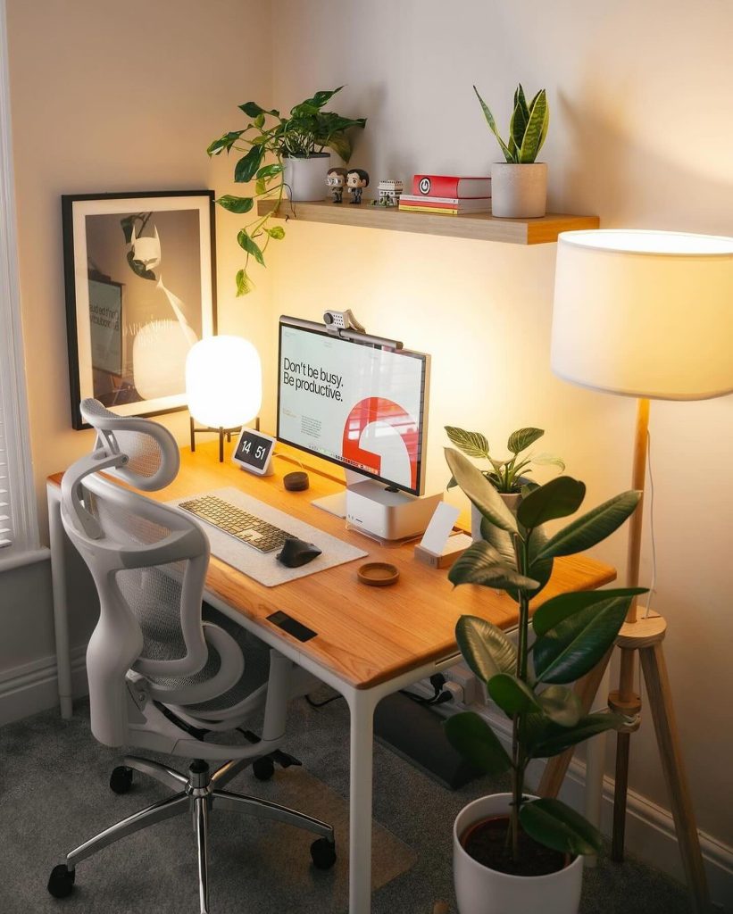 Inviting Corner Gaming Workspace with Warm Lighting