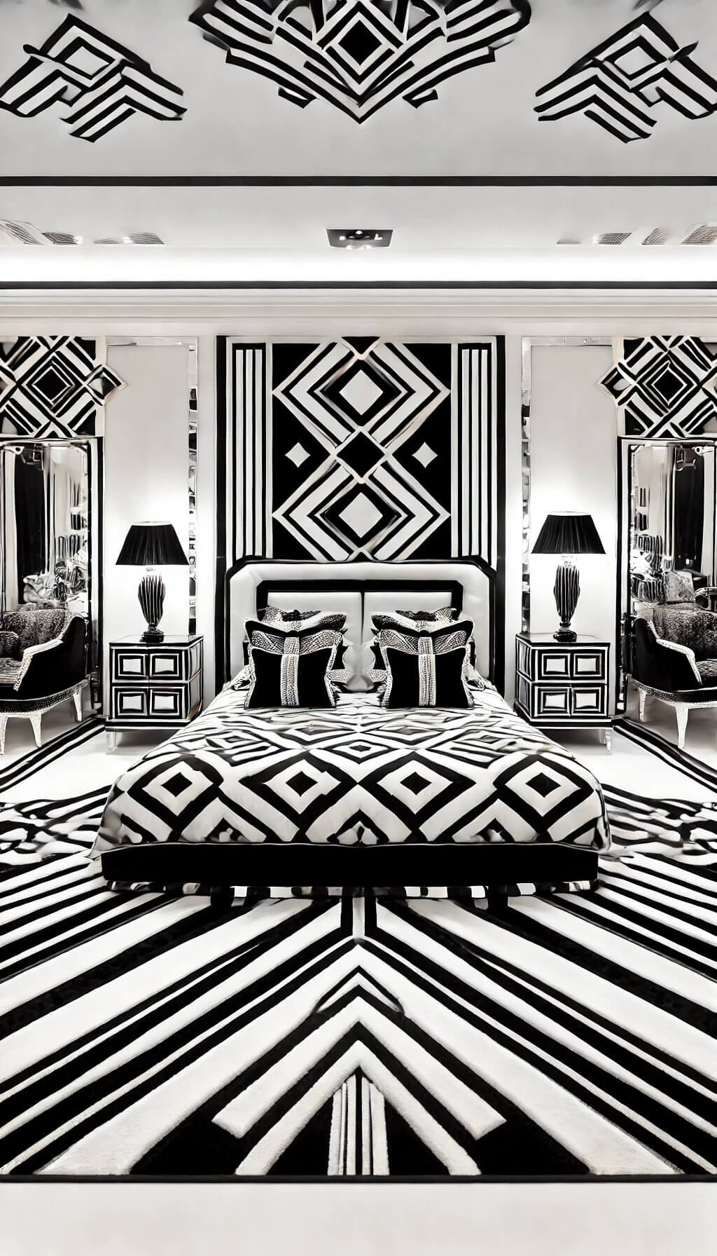 Geometric Black and White Headboard in Contemporary Bedroom