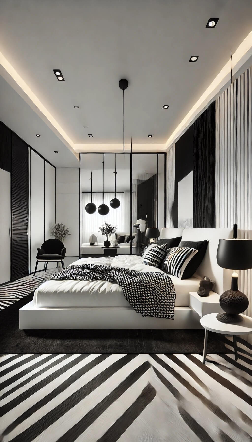 Modern Black and White Linear Headboard in Bright Bedroom