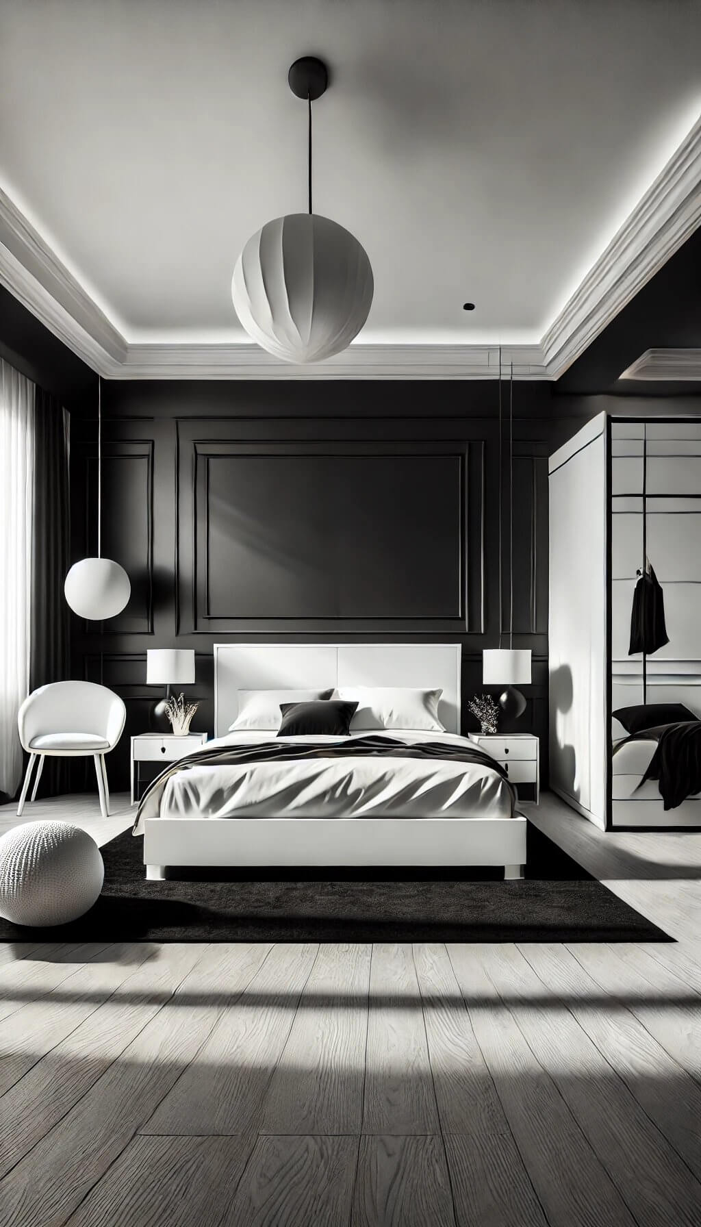 Black Linear Headboard with Neutral Accents in Modern Bedroom