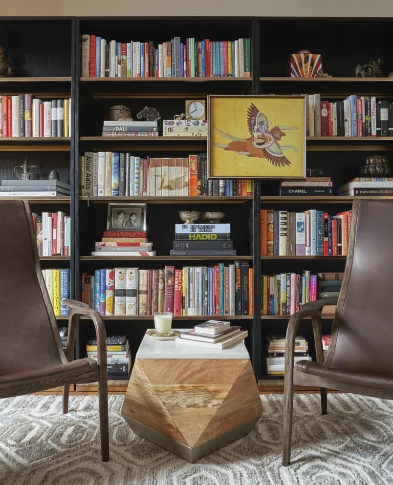 Artistic Floating Shelves in Neutral Bedroom Library