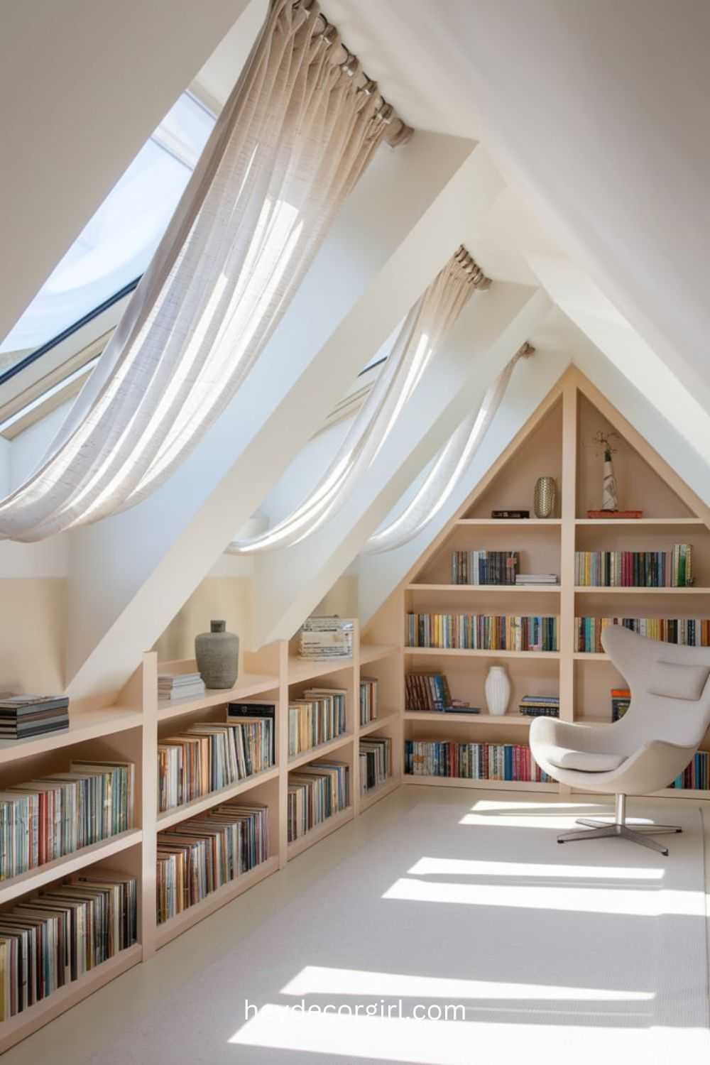 Sunlit Attic Library with Skylight Windows