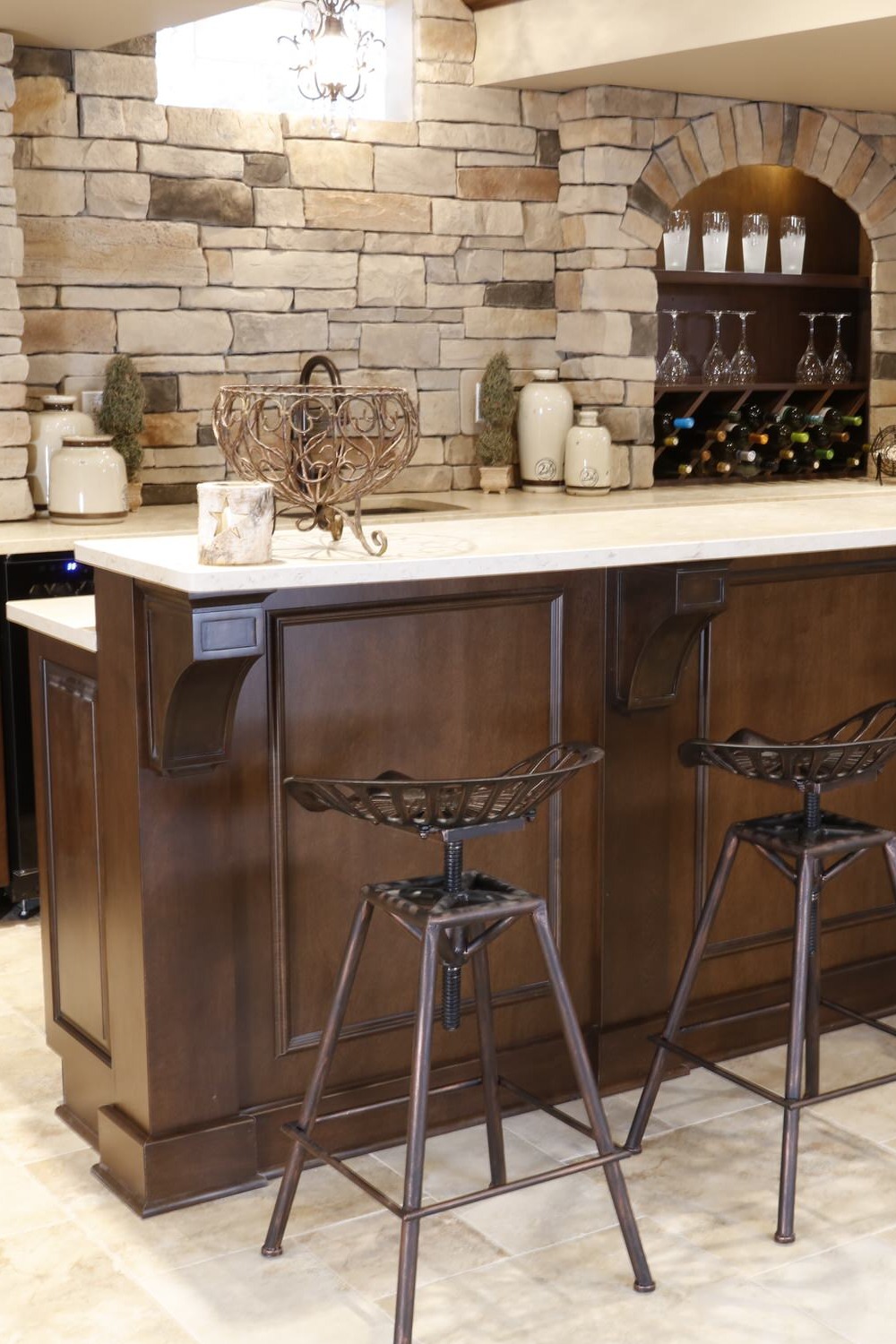 Basement Bar with Exposed Brick and Open Shelving