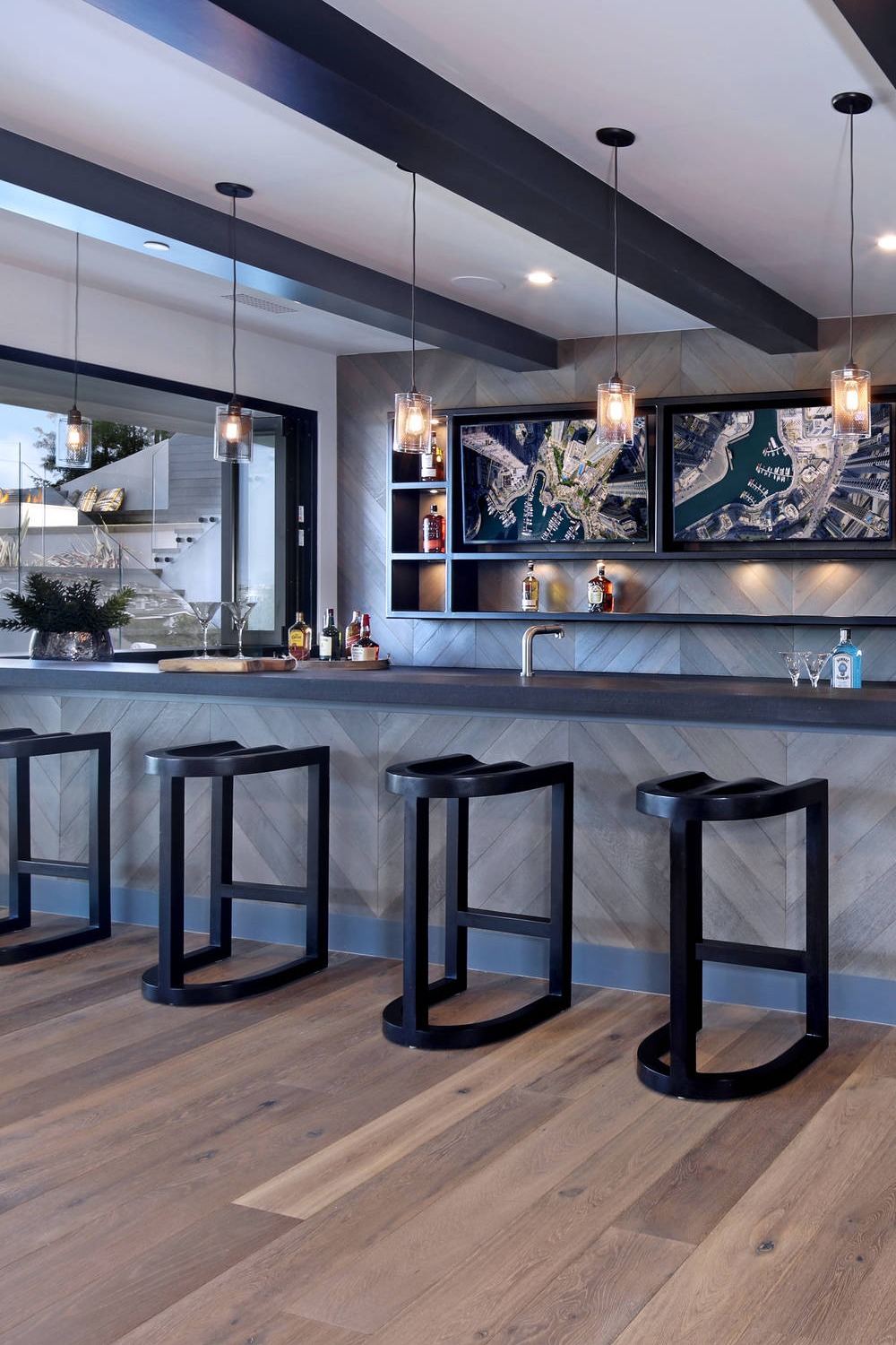 Modern Basement Bar with Open Shelving and Clean Lines