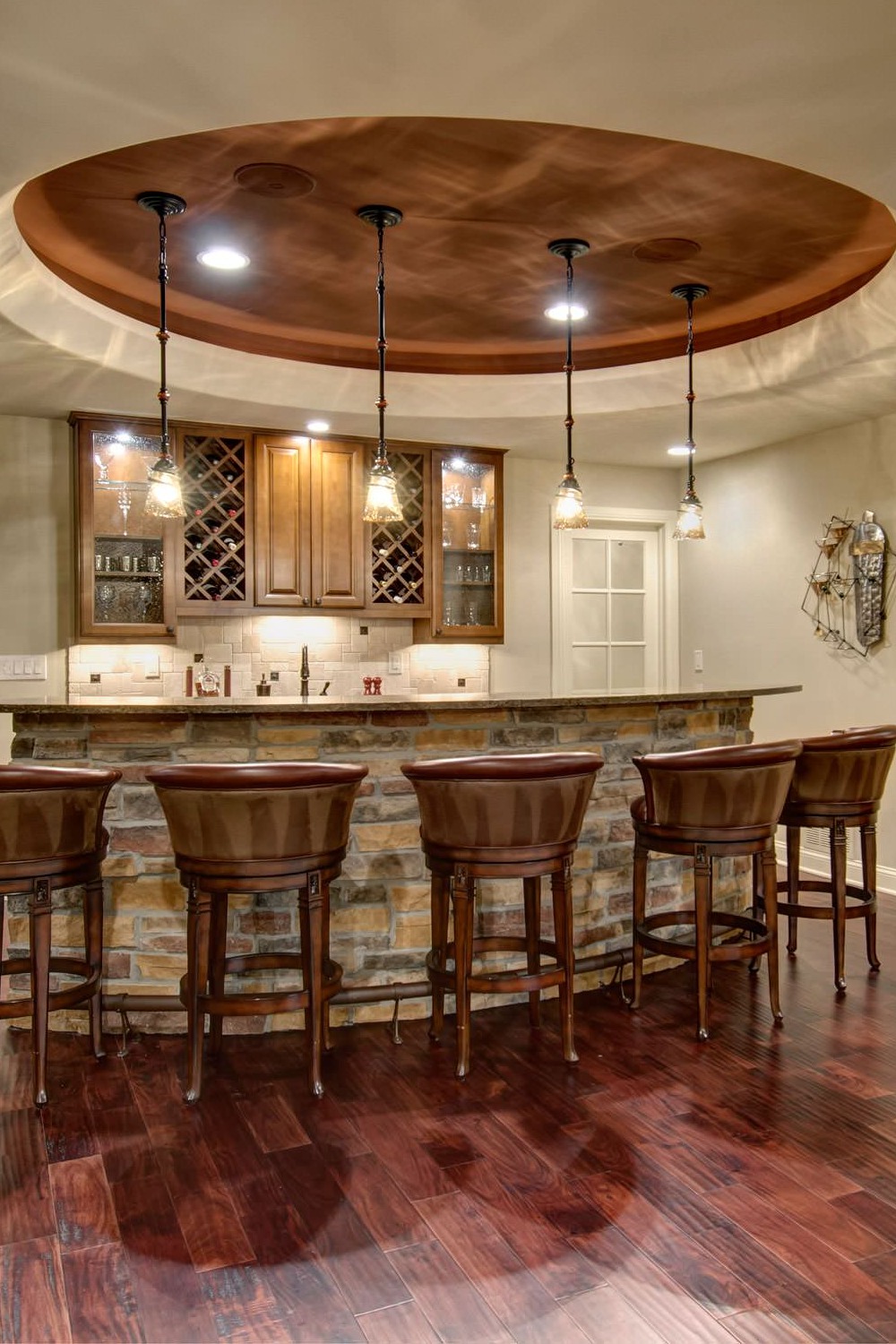 Rustic Basement Bar with Warm Wood and Quartz Accents