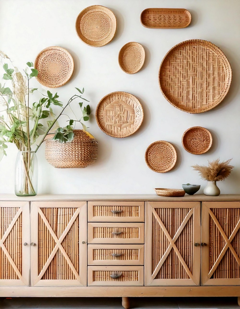 Rustic Basket Wall Installation in Living Room