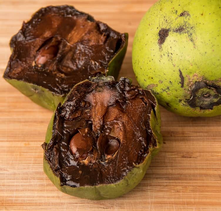 Black Sapote fruit with an unassuming green exterior and a rich, chocolate-colored interior