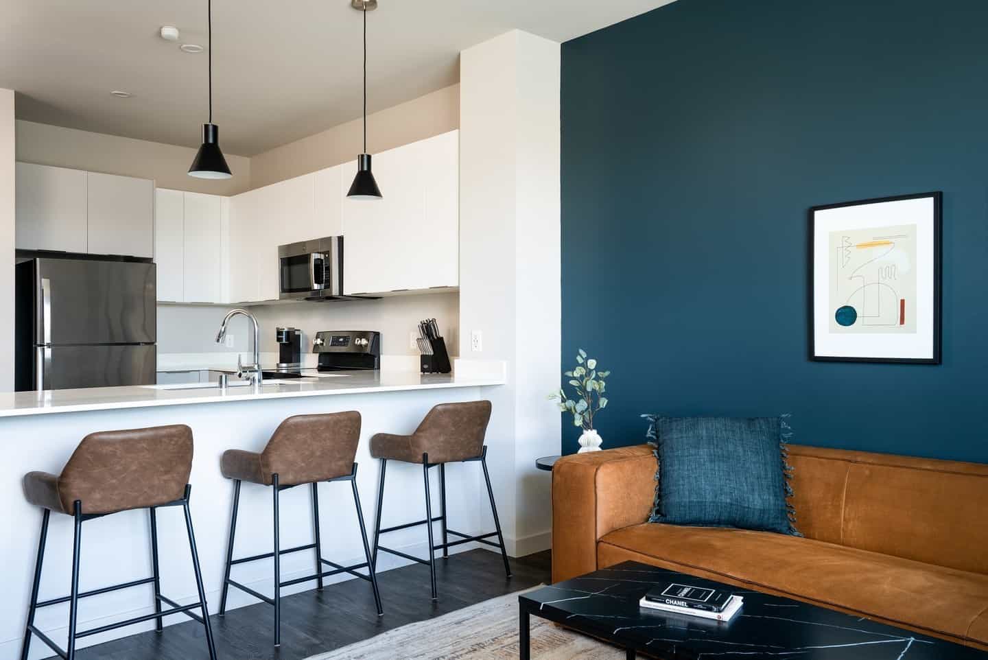 Blue Accent Living Room Wall with Luxe Textures