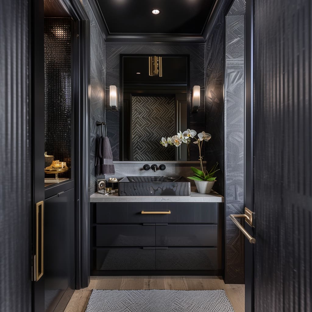 Bold Powder Room with Black Vanity and White Countertop