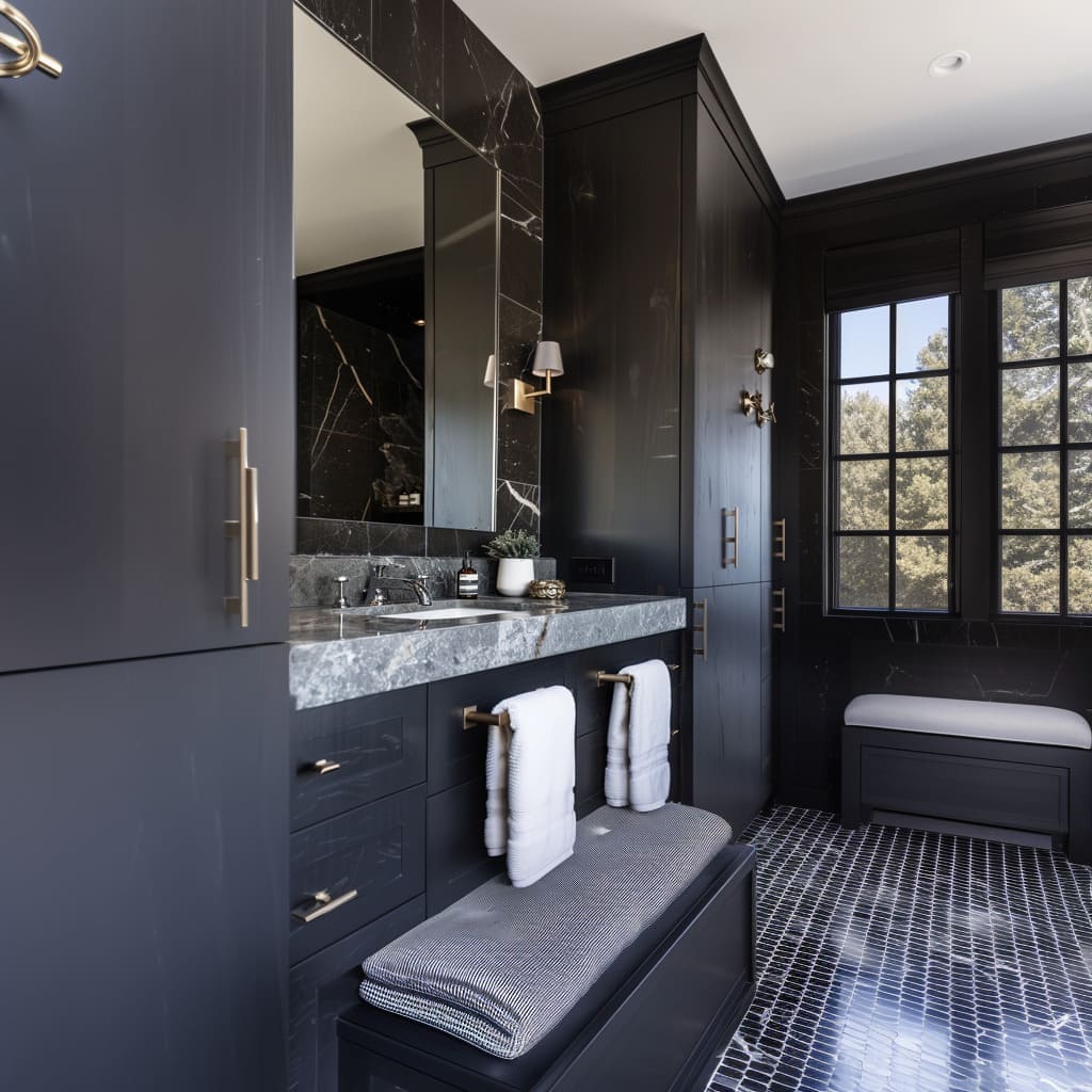 Bright Space with Contrasting Dark Cabinetry and a Large Mirror