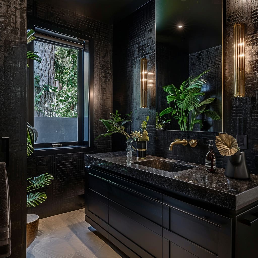 Chic Restroom with Ebony and White Elements Featuring a Double Sink