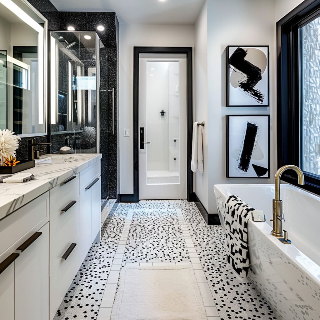 Contract-themed vanity with a marble countertop and potted flowers