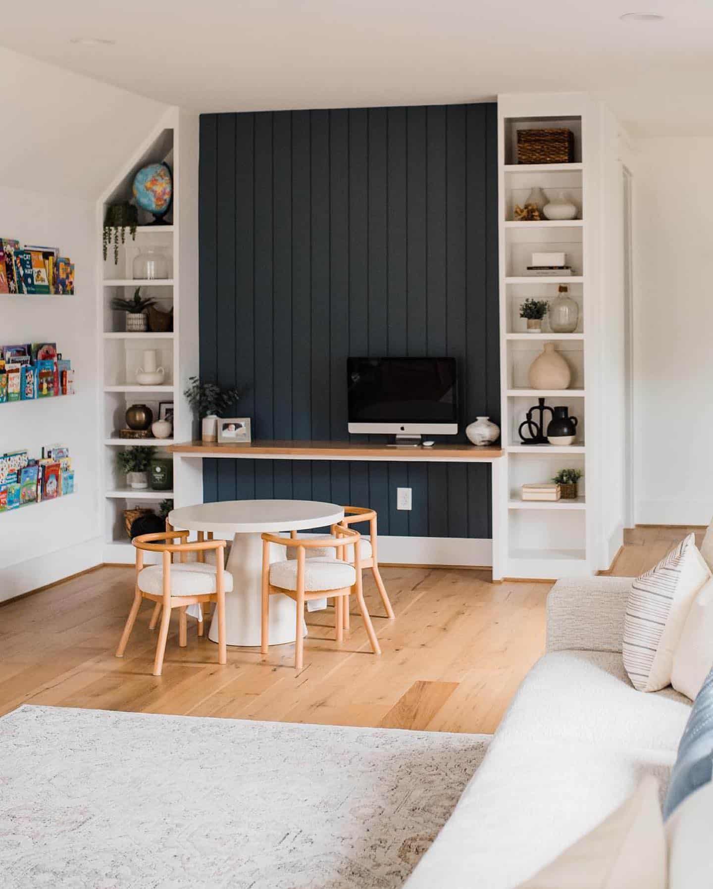 Dark Blue Accent Wall Living Room with Bold Contrasts