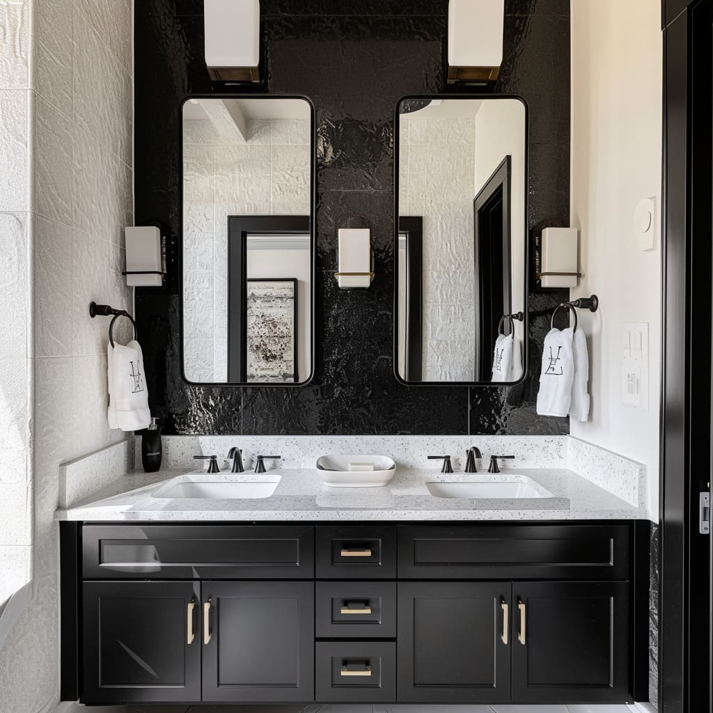 Elegant Bathroom with a Charcoal Vanity, White Countertop, and Large Mirrors