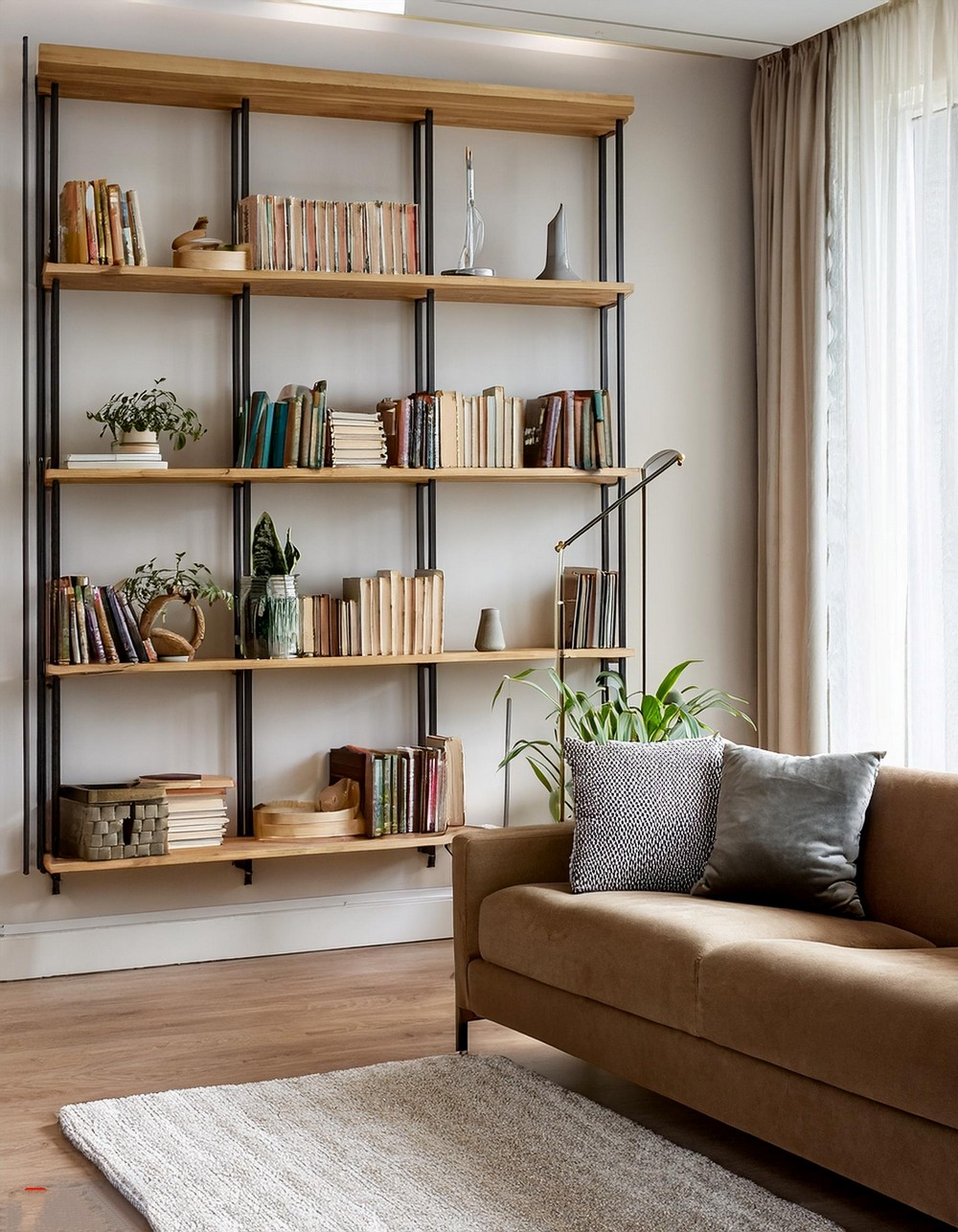 Layered Library Wall with Functional Aesthetic