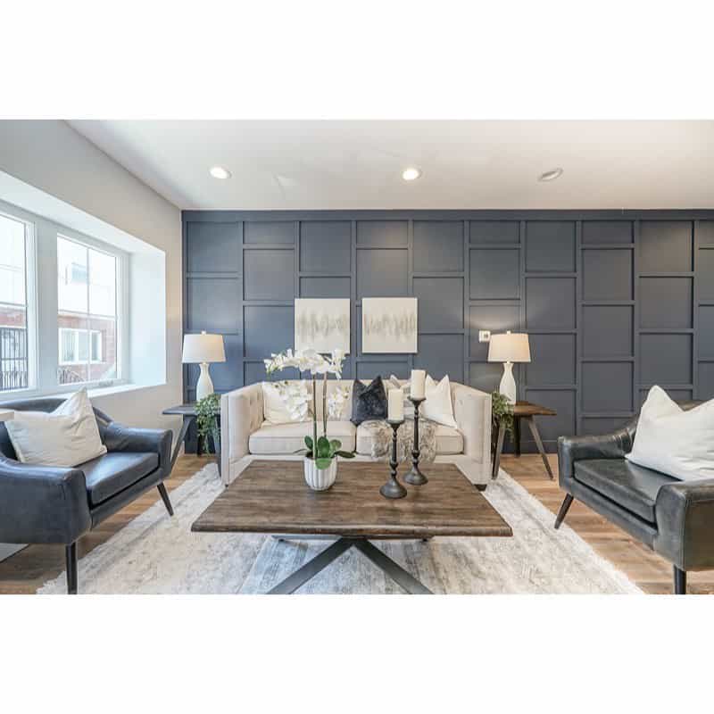 Living Room with Gray Accent Wall and Contemporary Details