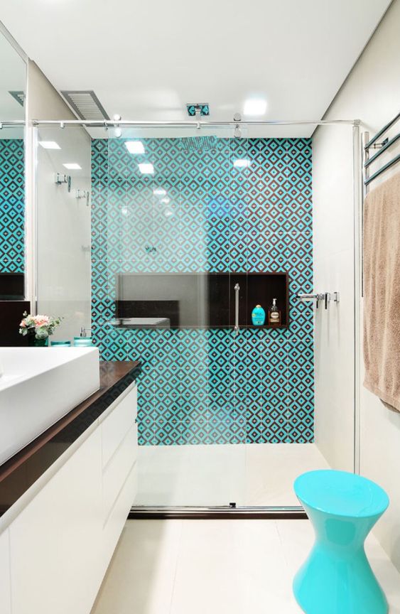 Bold Modern Bathroom in Neutrals with a Touch of Turquoise