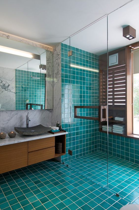 Bright Modern Bathroom with Turquoise Tiles