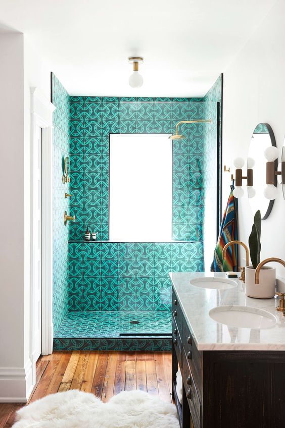 Catchy Bathroom with Printed Turquoise Shower Tiles