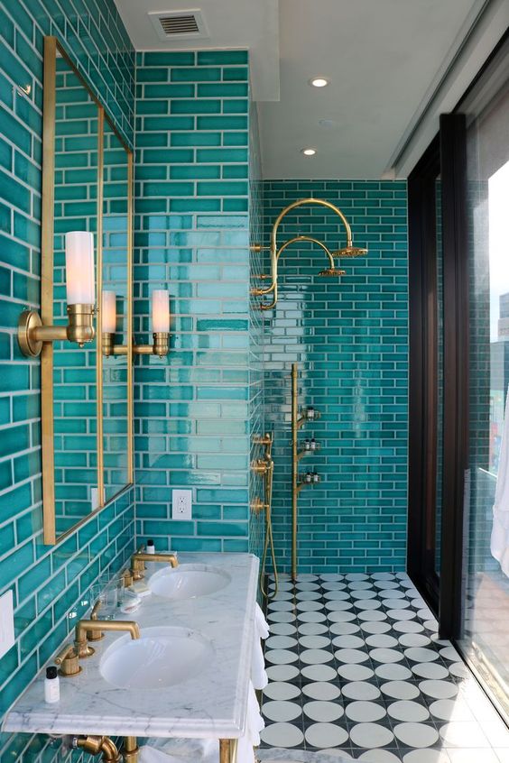 Chic Modern Bathroom with Turquoise Tiles and Gold Accents