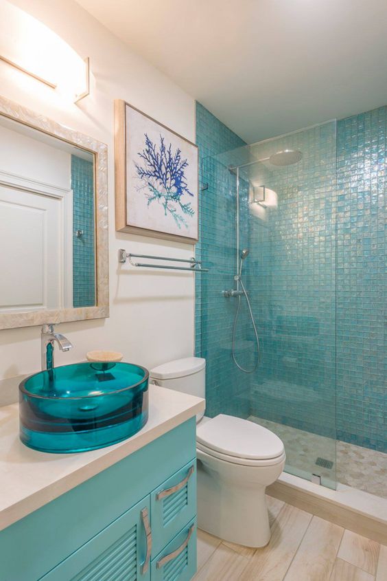 Coastal Turquoise Bathroom with White Walls and Shower Tiles