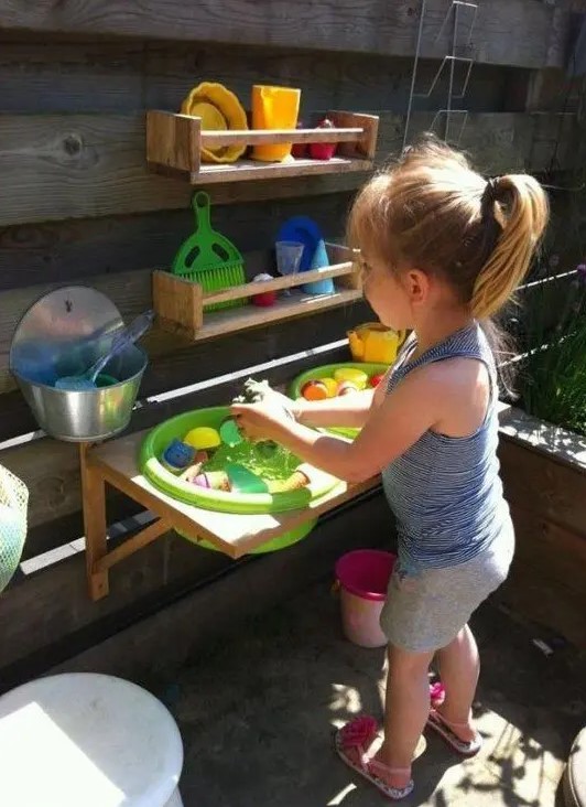 Colorful Outdoor Kitchen Playground with Wooden Shelves