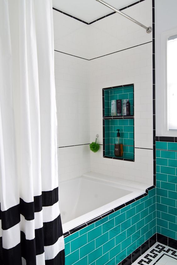 Graphic Black and White Bathroom with Turquoise Tile Lining