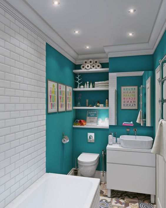 Modern Small Bathroom with Turquoise Walls and White Subway Tiles