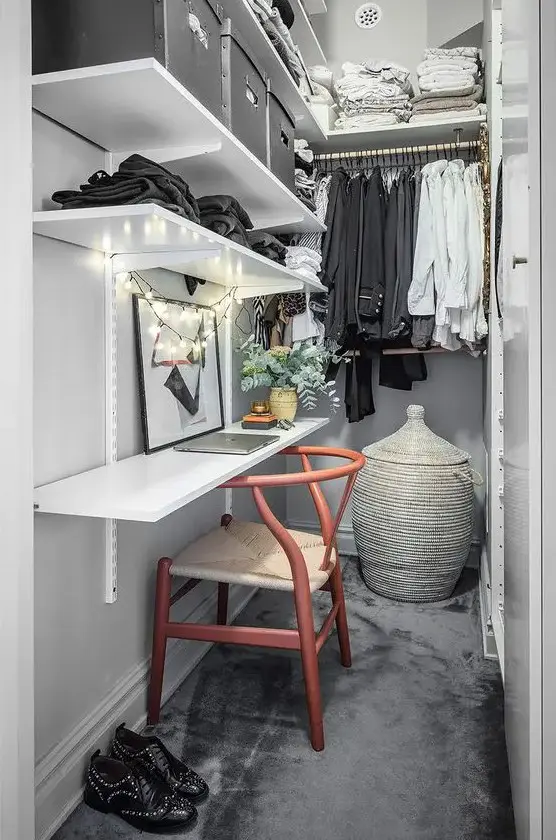 Narrow Closet with Desk Shelf and Storage