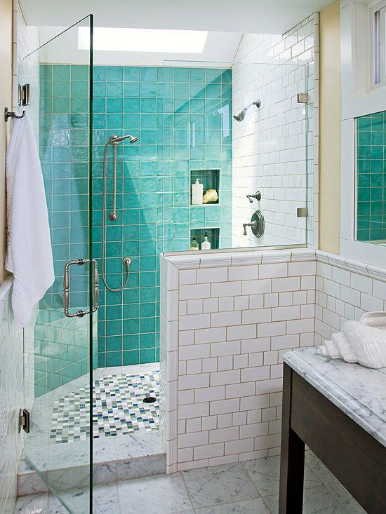 Small Modern Bathroom with Turquoise Shower Tiles