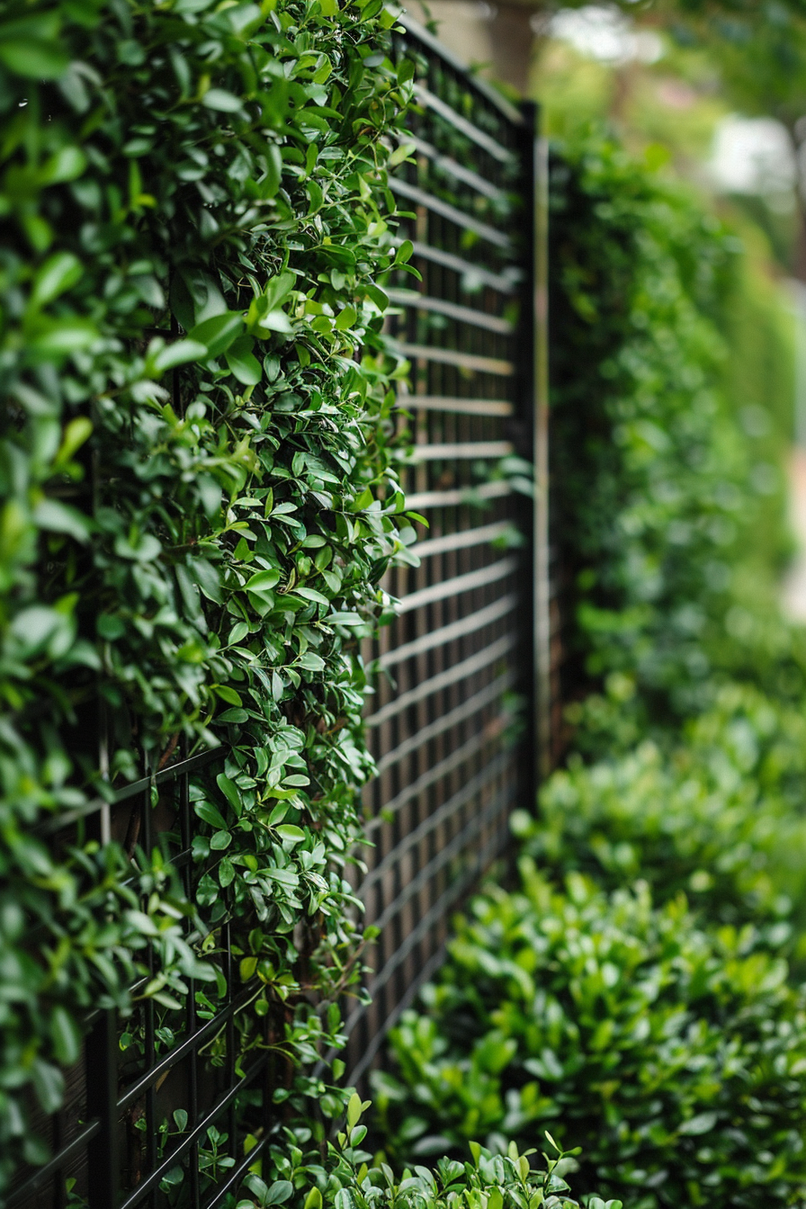 Layered Fence with Mixed Materials and Shaded Pergola