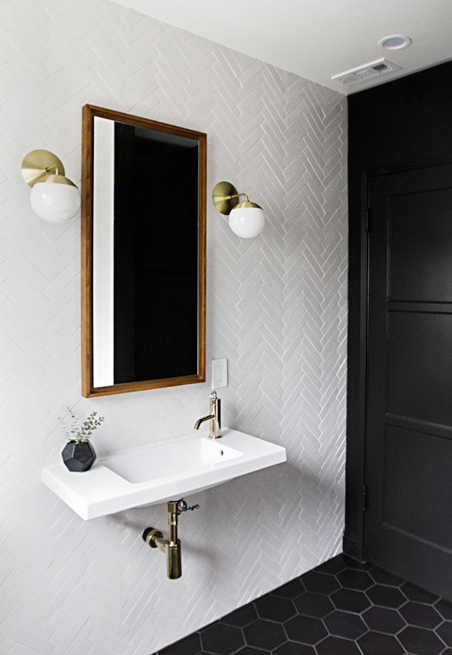 Black and White Bathroom with Wooden Accents