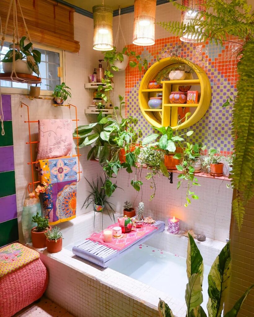 Whimsical bathroom with vintage and bohemian influences