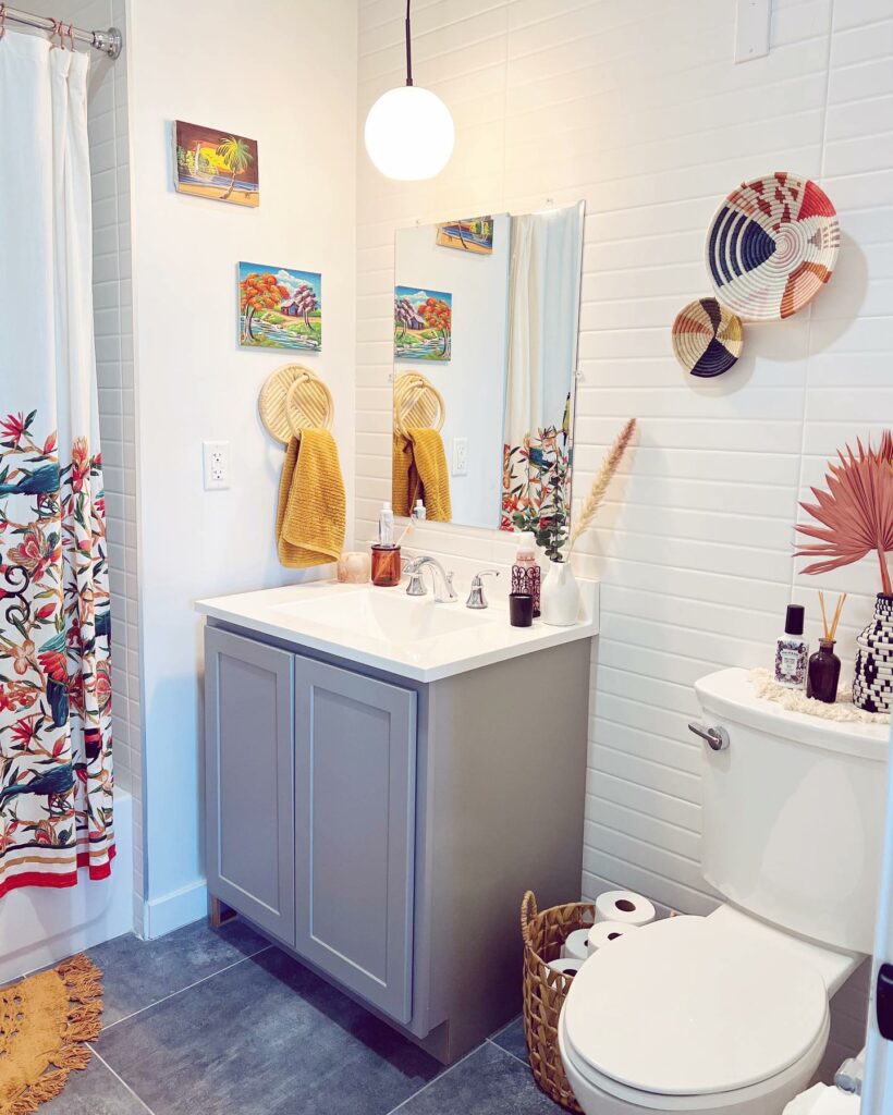 Small boho bathroom with intricate textural details