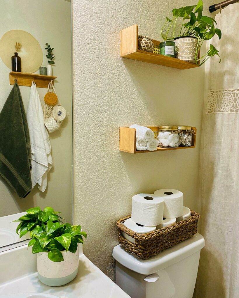 Boho bathroom with woven and earthy accents